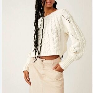 Free People Ivory Cable Knit Cropped Scoop Sweater